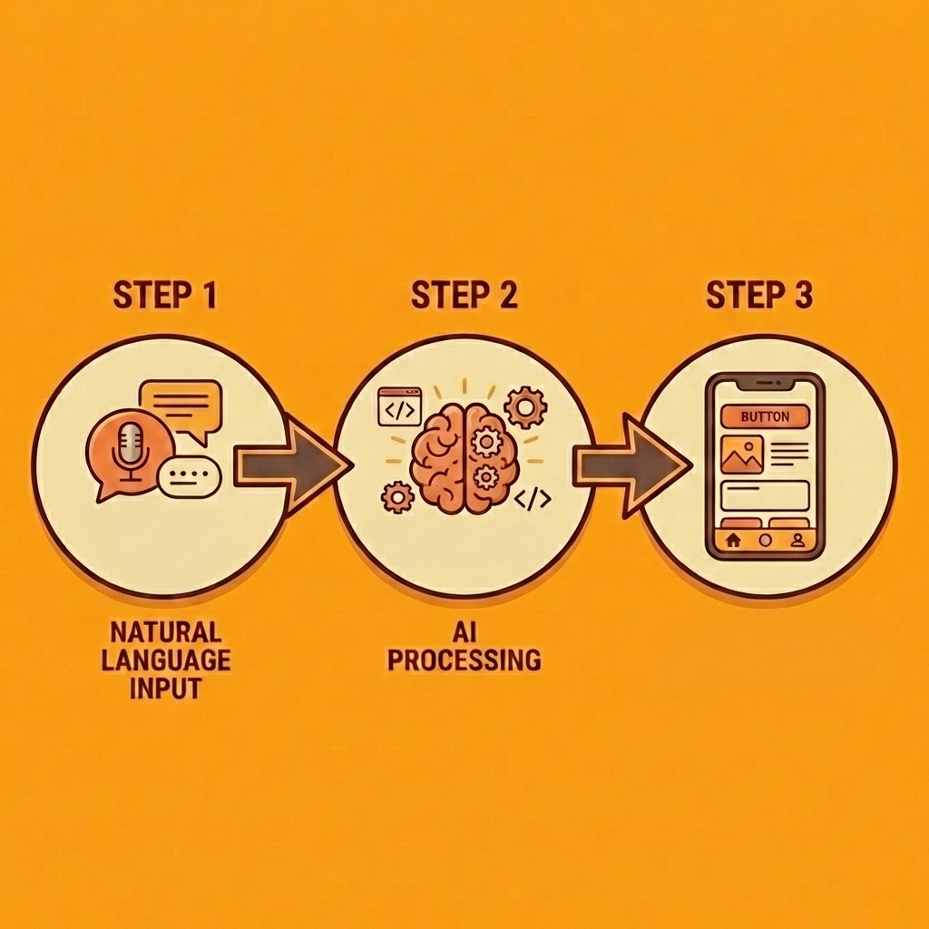 Three-step process showing how AI converts natural language into app components